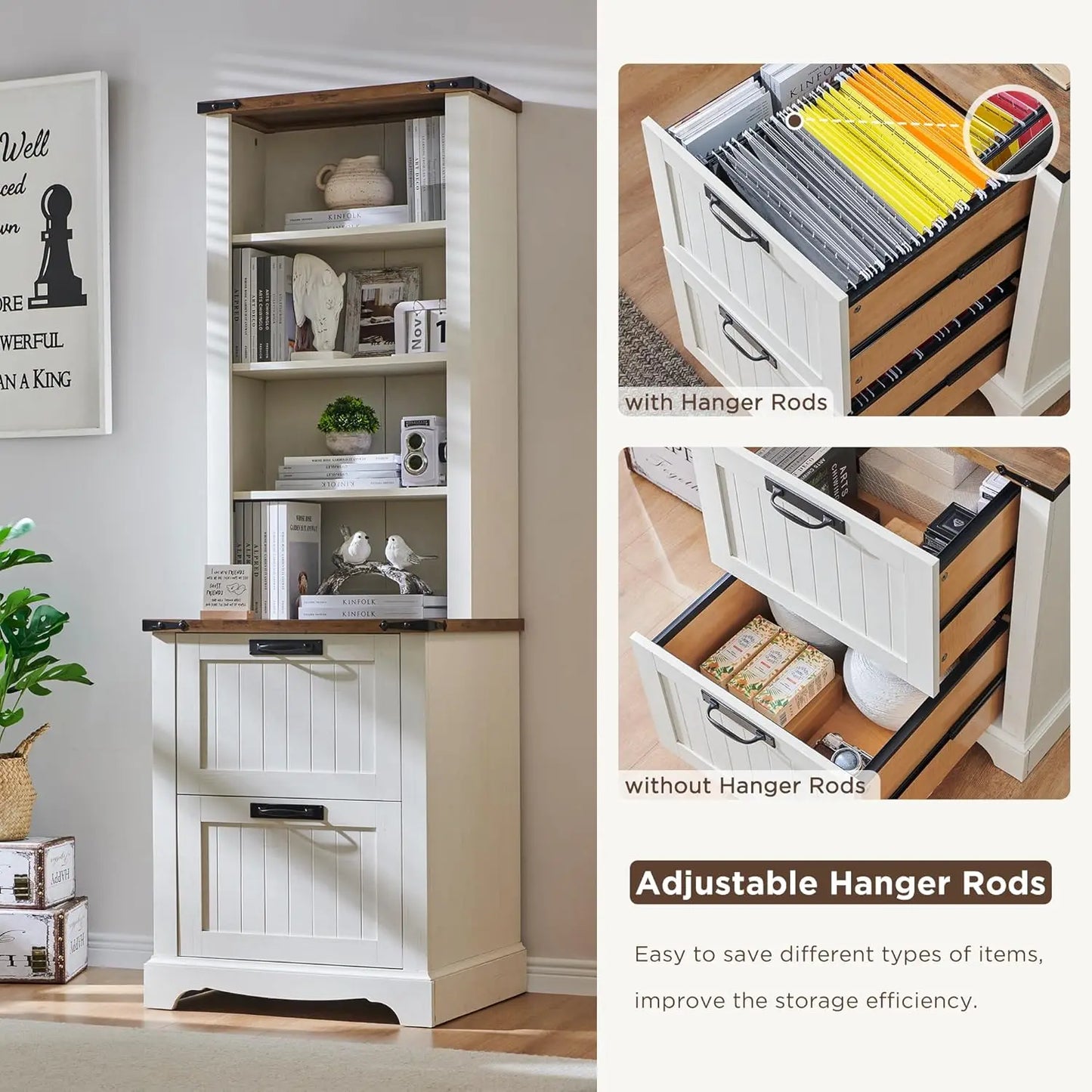 XMSJ Farmhouse Bookcase With 2 File Drawers And Shelves