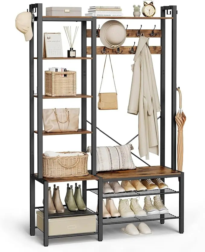 Hall Tree with Bench and Shoe Storage, Entryway Coat Rack with Shoe Bench, 5 Storage Shelves, 9 Coat Hooks, 6 Side Hooks, 15.7