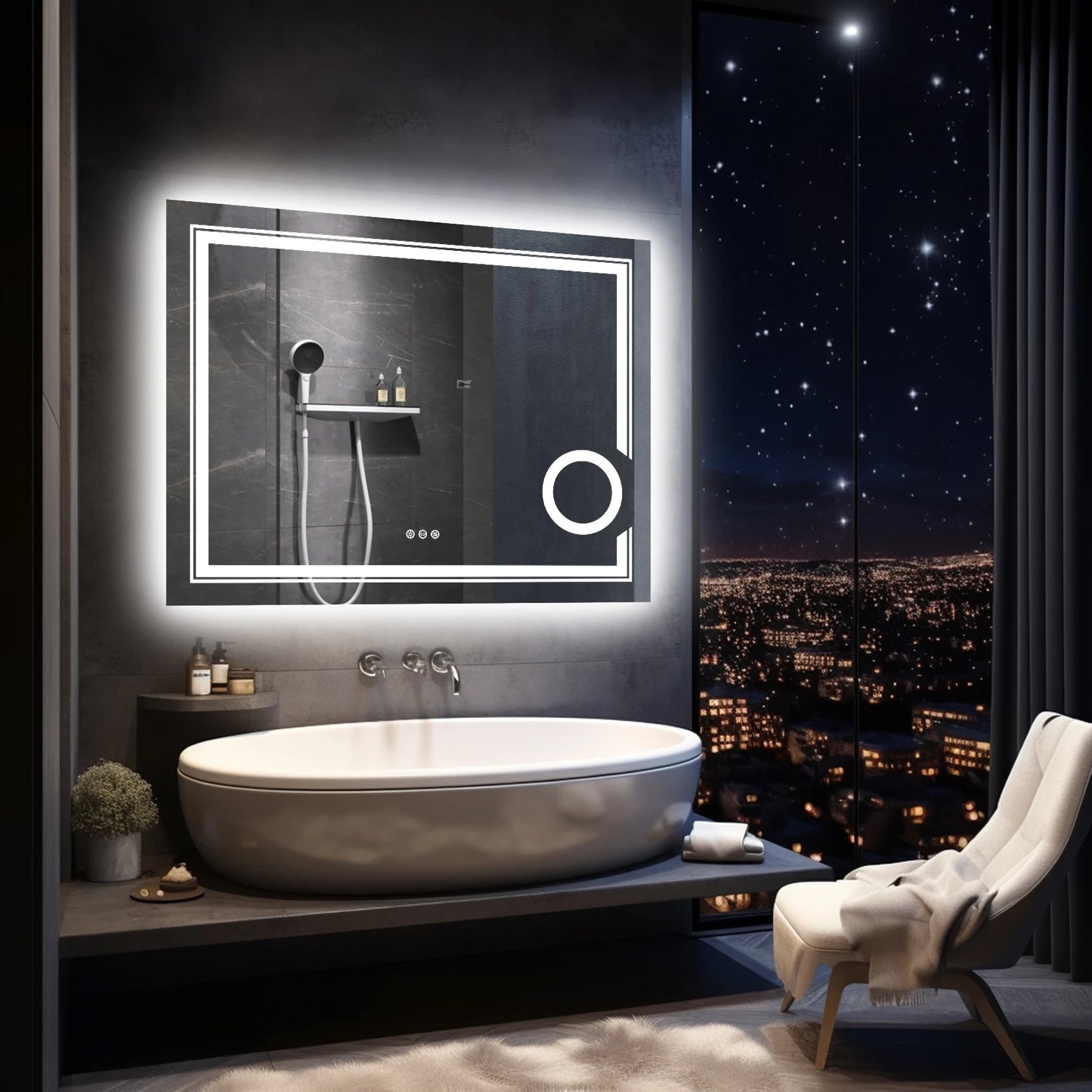 Wisfor LED Lighted Smart Bathroom Mirror ThreeTimesMagnification Front Backlit Anti-Fog