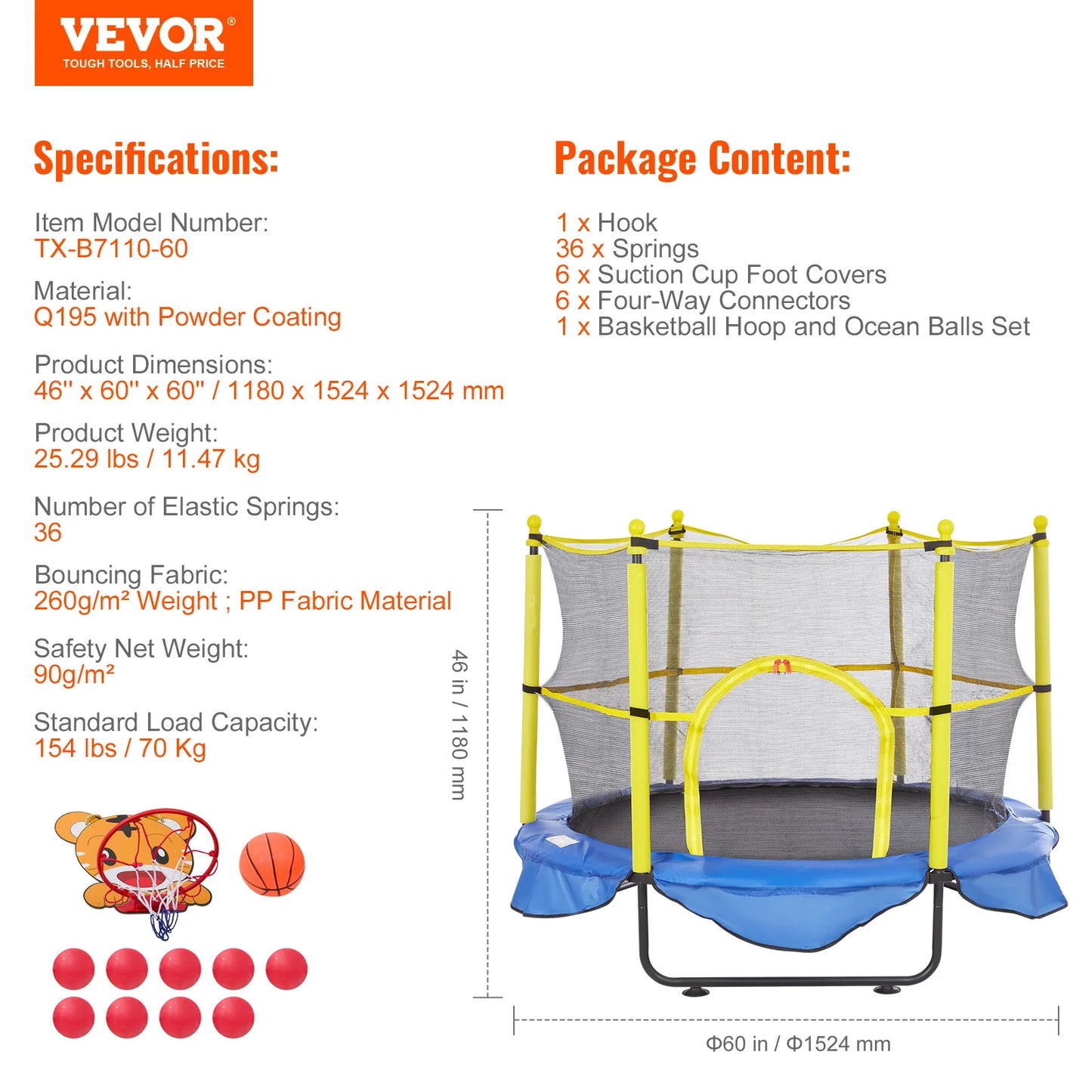 VEVOR 60 Inch Trampoline with Safety Enclosure and Hoop