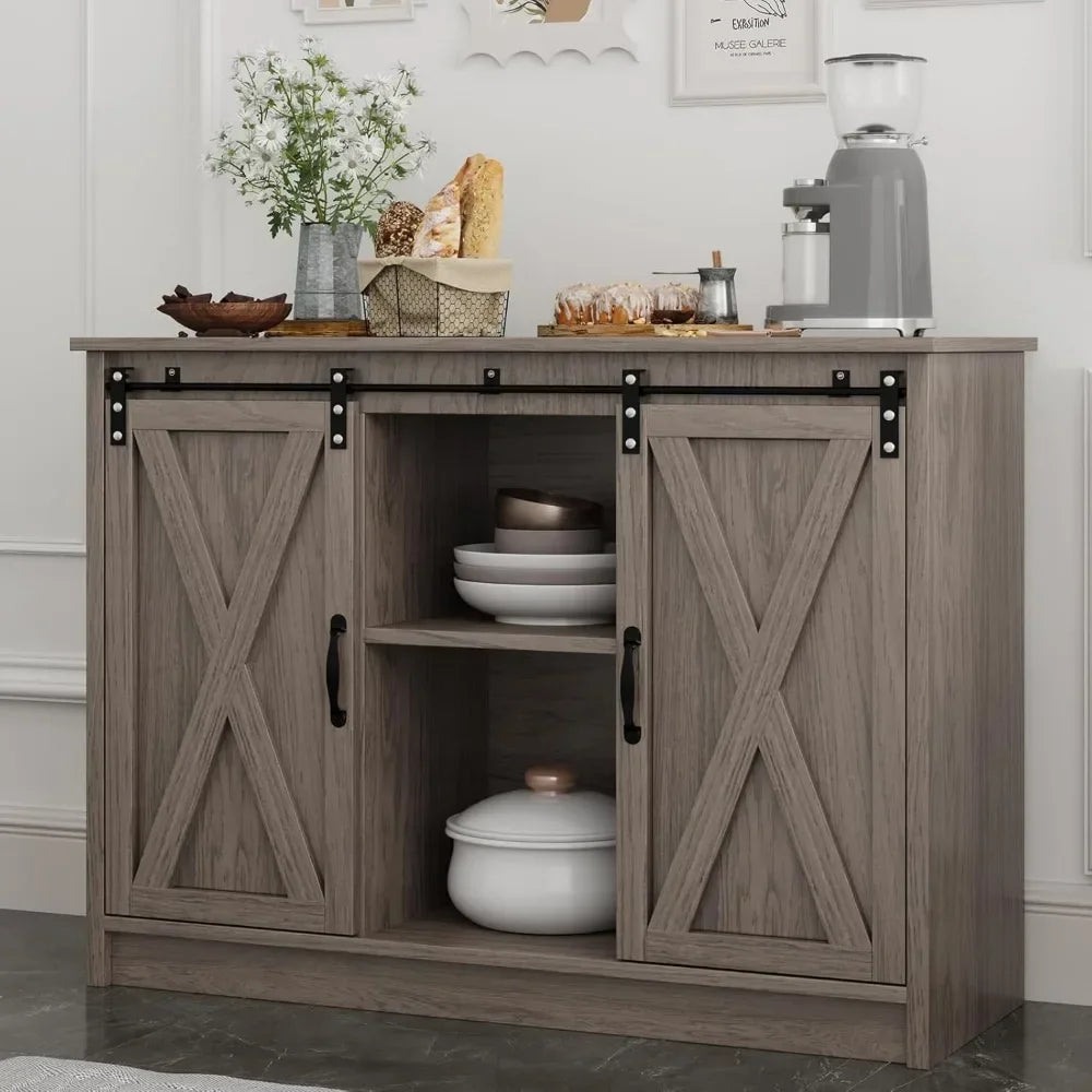 Angduo Farmhouse Coffee Bar Cabinet With Sliding Barn Door