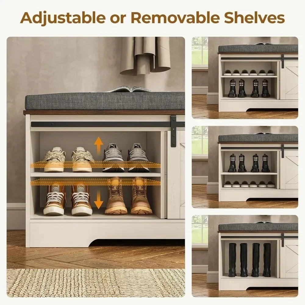 ANGDUO Farmhouse Storage Bench With Cushion And Shoe Rack