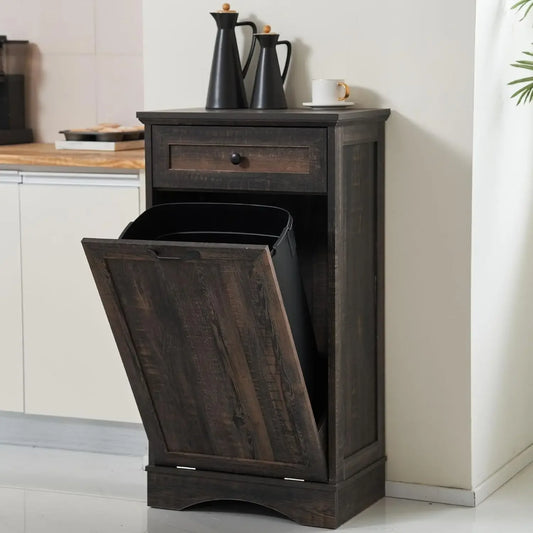 13 Gallons Tilt Out Trash Cabinet Freestanding Kitchen Trash Bin Cabinet Wood Garbage Recycling Cabinet with Hideaway Drawer Pet
