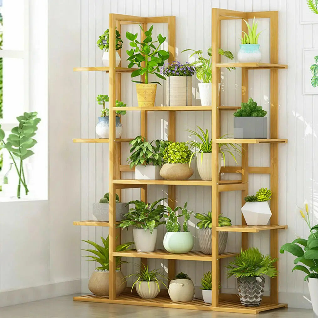Hign-concerned 9-Tier Bamboo Plant Stand Corner Shelf Display Outdoor