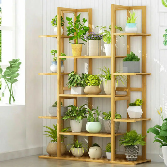 Hign-concerned 9-Tier Bamboo Plant Stand Corner Shelf Display Outdoor