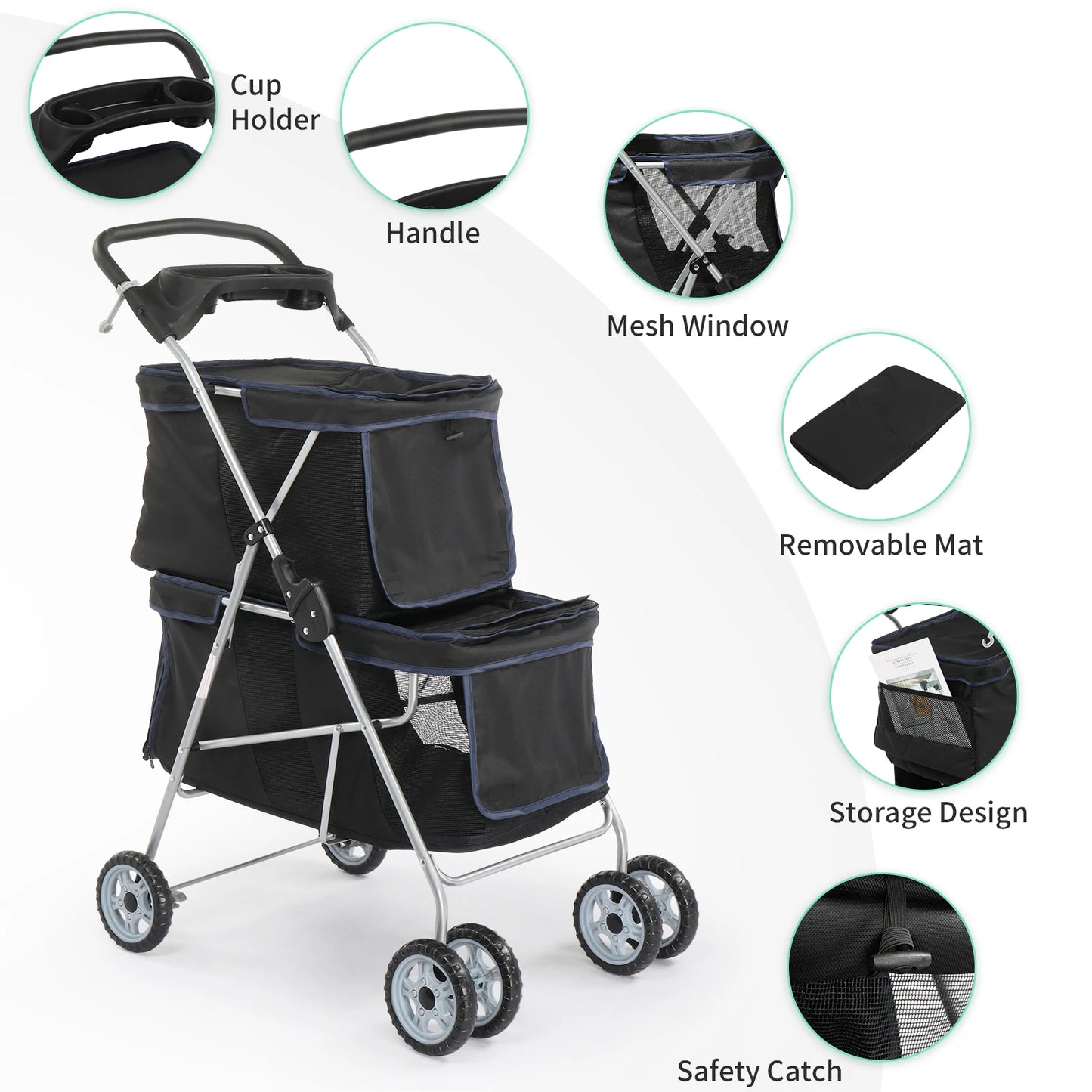 Pet Stroller For Two Dogs And Cats With Four Wheels