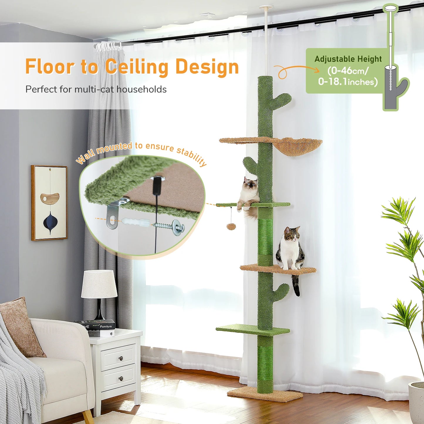 PAWZ Road Cat Tree 5Tier Floor to Ceiling Cactus Tower