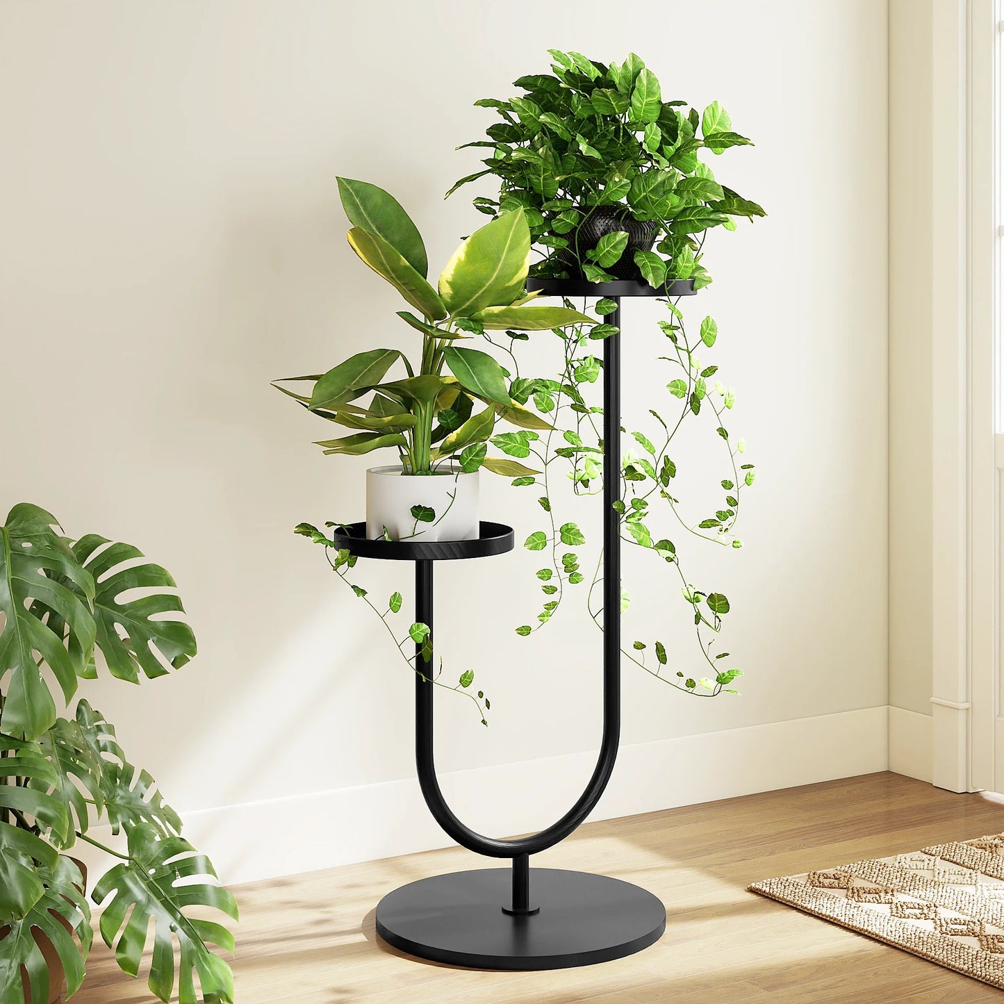 Bamworld Heavy-Duty Industrial-Grade Alloy-Metallic U-Frame Two-Pot Indoor Plant Stand