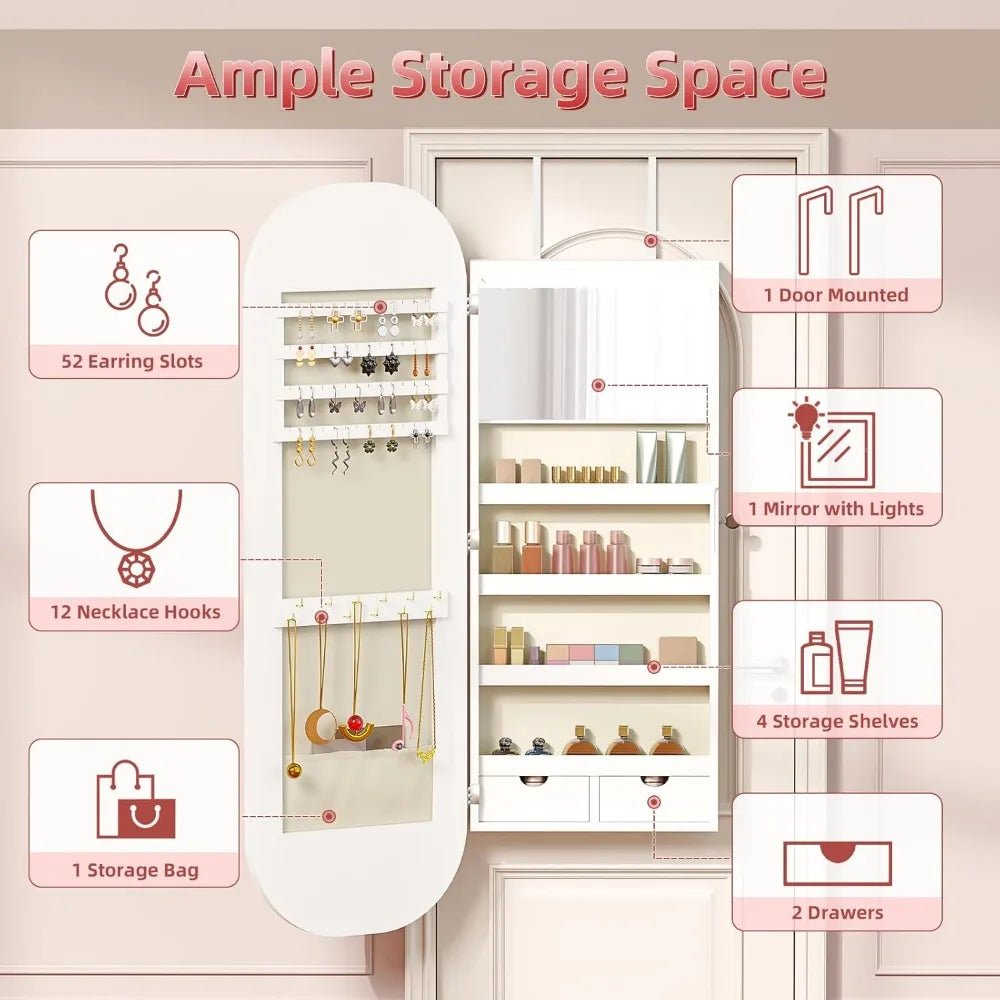 Angduo Lockable Wall Mount Jewelry Cabinet With LED Mirror