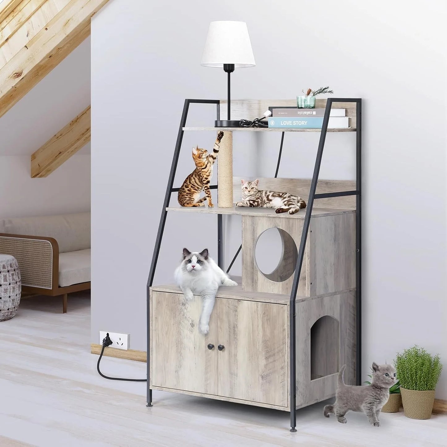 Space-Saving Tall Cat Litter Enclosure with Charging Station