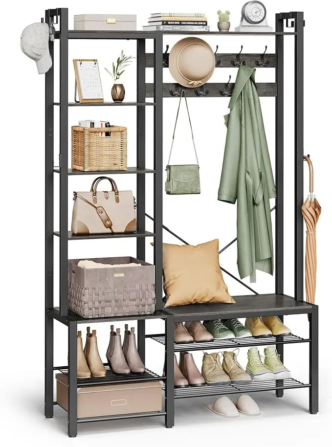 Hall Tree with Bench and Shoe Storage, Entryway Coat Rack with Shoe Bench, 5 Storage Shelves, 9 Coat Hooks, 6 Side Hooks, 15.7