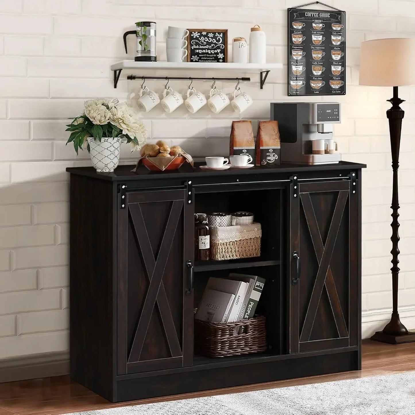 Angduo Farmhouse Coffee Bar Cabinet With Sliding Barn Door