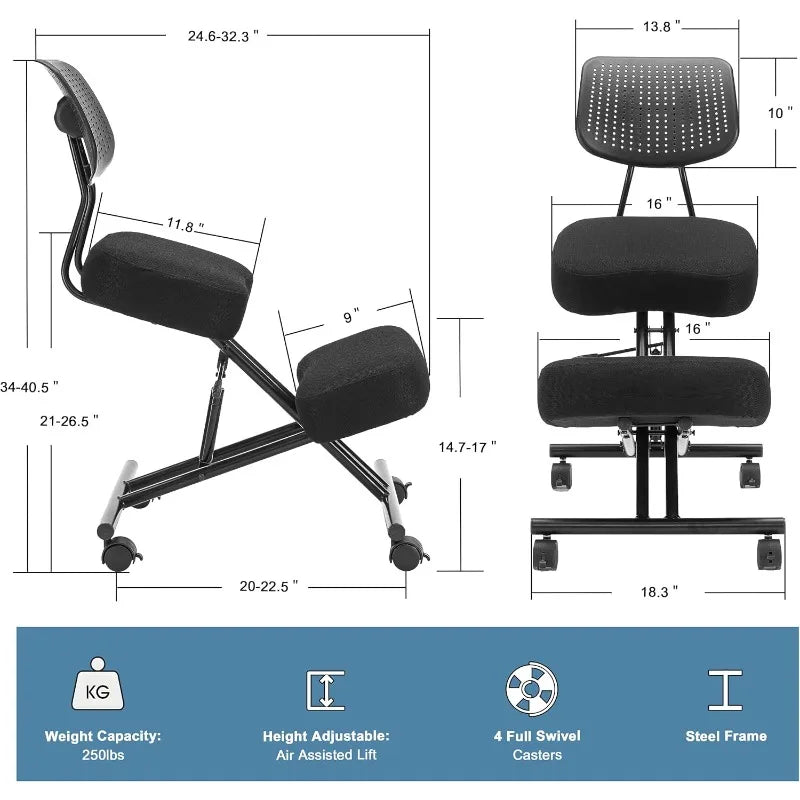 Ergonomic Kneeling Chair with Back Support, Ergonomic Kneeling Tool with Brake and Smooth Gliding Casters, Adjustable Stool