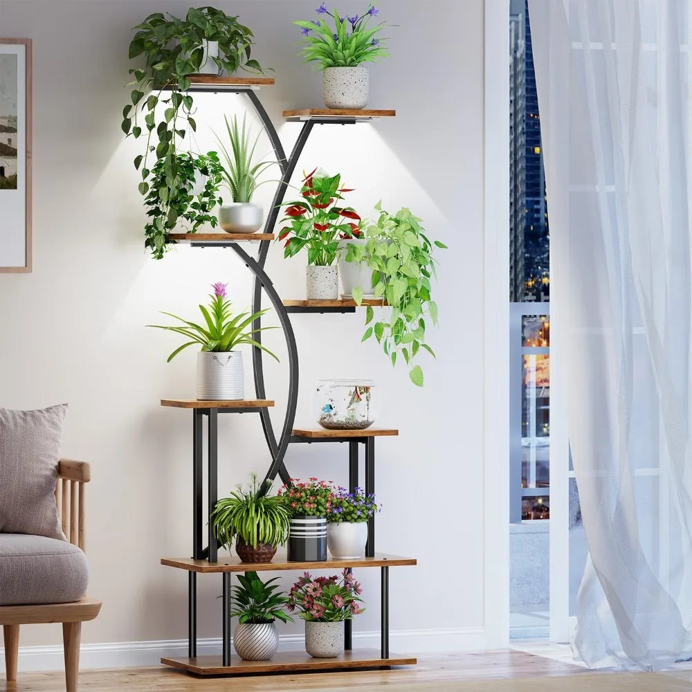 Solid-Wooden Houseplant DisplayStand EquippedWith GrowLights EightTier CornerShelving Premium Durable Wood