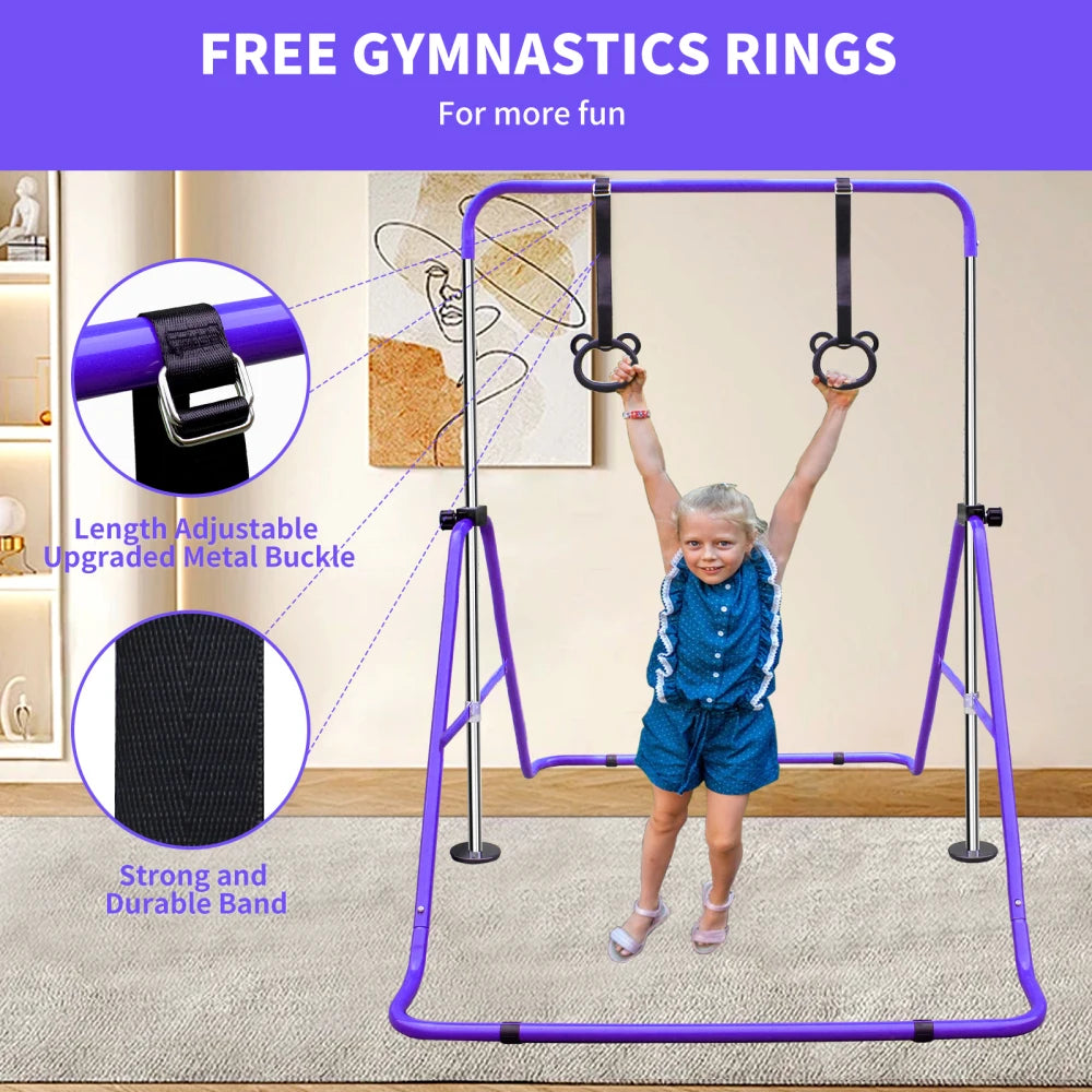 Purple Adjustable Height Children's Gymnastic Bar with Bear Rings
