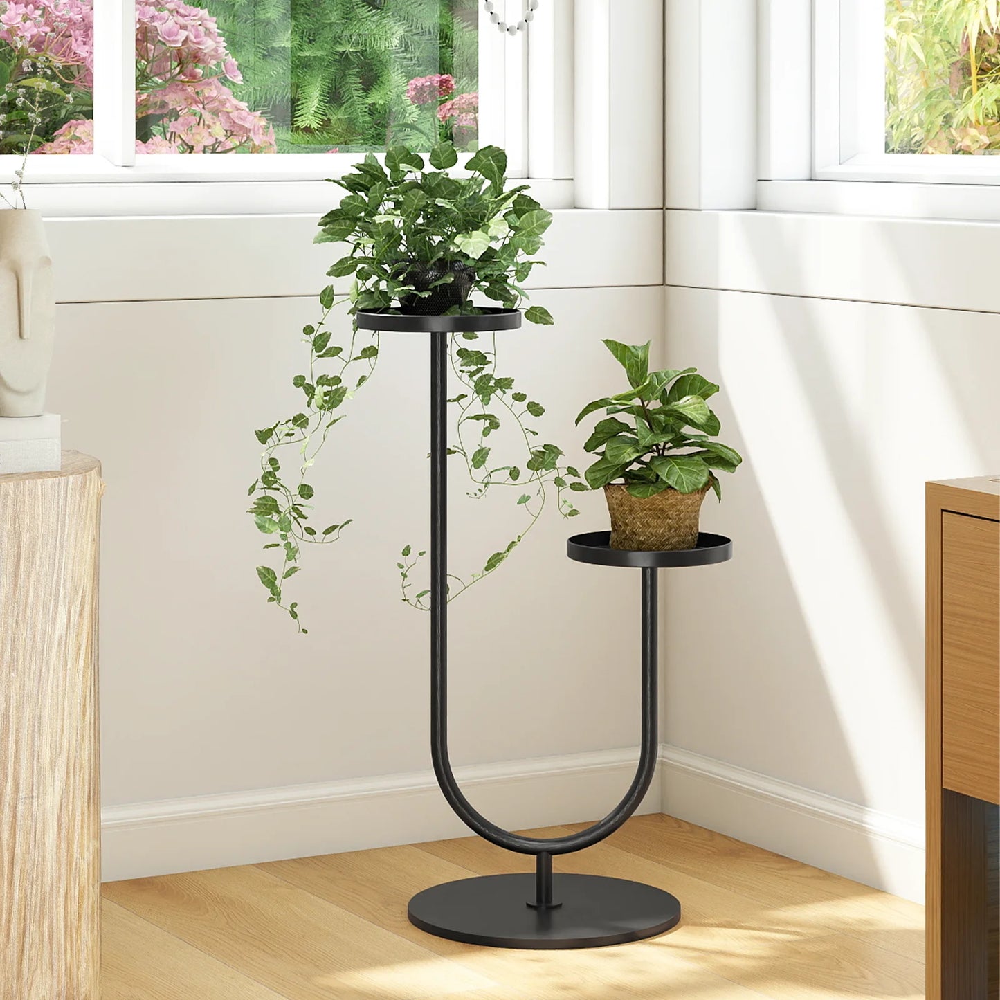 Bamworld Heavy-Duty Industrial-Grade Alloy-Metallic U-Frame Two-Pot Indoor Plant Stand