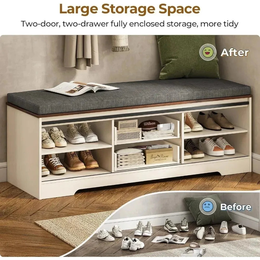 ANGDUO Farmhouse Storage Bench With Cushion And Shoe Rack