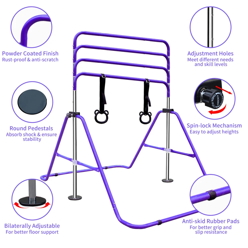 Purple Adjustable Height Children's Gymnastic Bar with Bear Rings