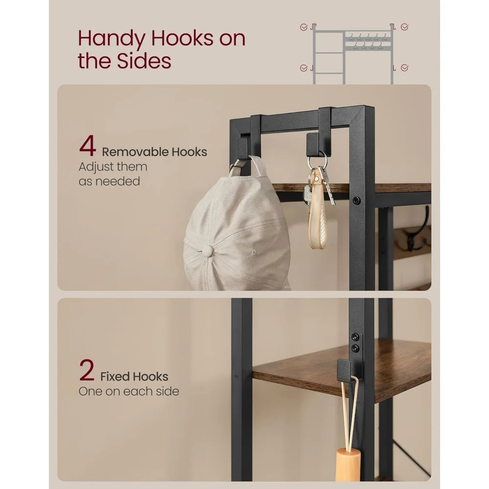 Hall Tree with Bench and Shoe Storage, Entryway Coat Rack with Shoe Bench, 5 Storage Shelves, 9 Coat Hooks, 6 Side Hooks, 15.7