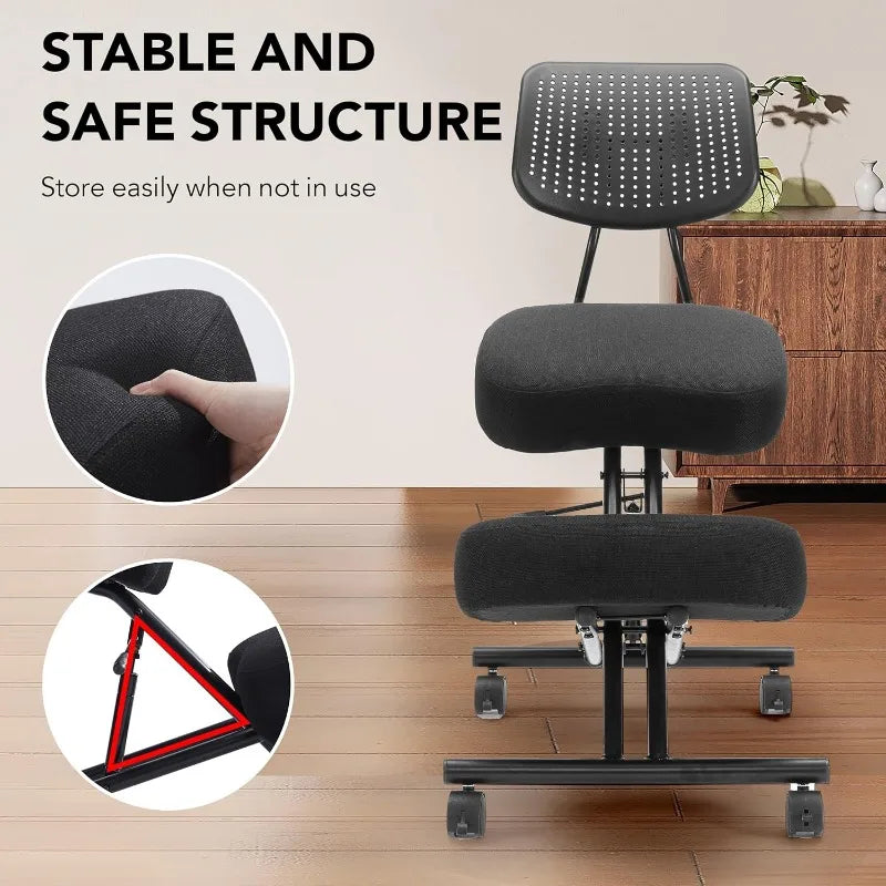 Ergonomic Kneeling Chair with Back Support, Ergonomic Kneeling Tool with Brake and Smooth Gliding Casters, Adjustable Stool
