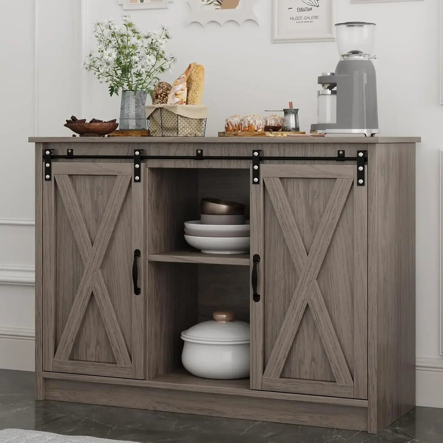 Angduo Farmhouse Coffee Bar Cabinet With Sliding Barn Door