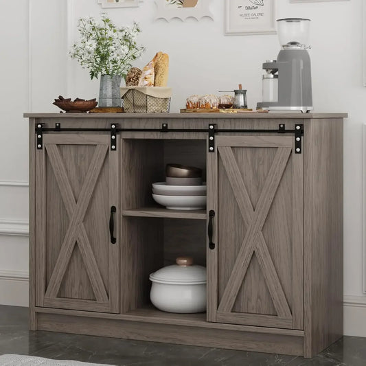 Angduo Farmhouse Coffee Bar Cabinet With Sliding Barn Door