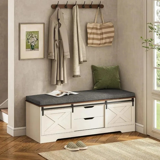 ANGDUO Farmhouse Storage Bench With Cushion And Shoe Rack