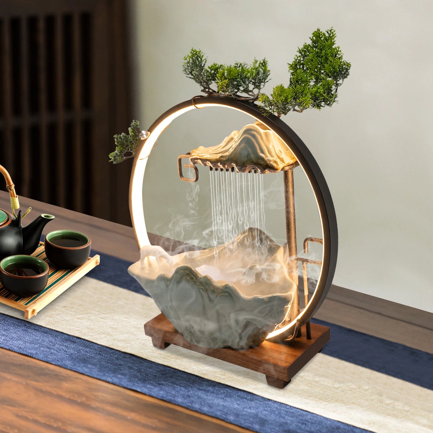 Backflow Incense Holder with Water Fountain and LED Light