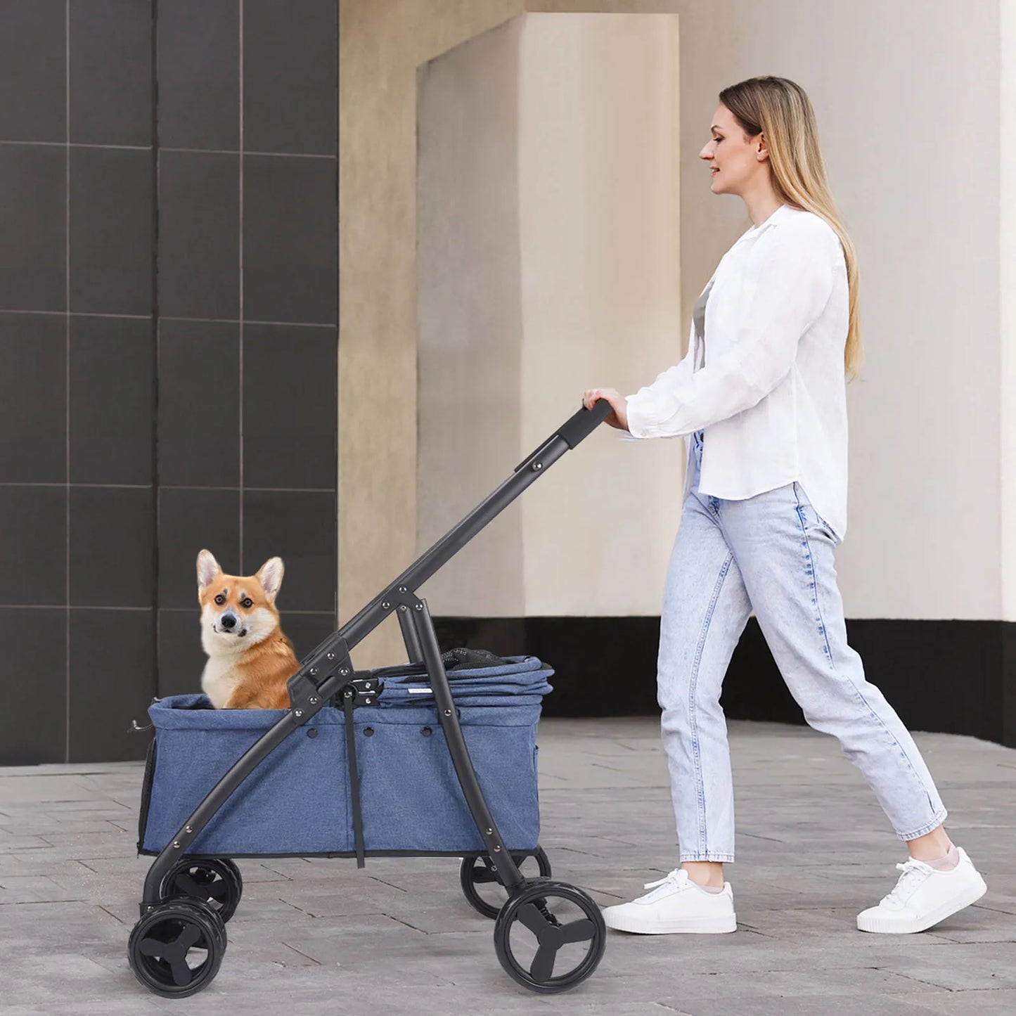 Pet Stroller With Four Wheels 80 Lb Capacity Easy Fold