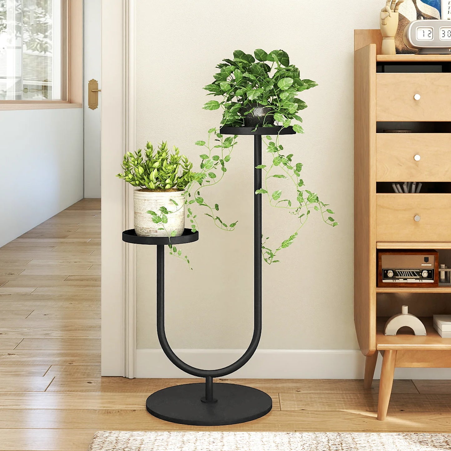 Bamworld Heavy-Duty Industrial-Grade Alloy-Metallic U-Frame Two-Pot Indoor Plant Stand