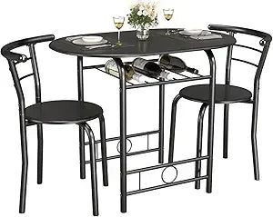 Customizable-3-Piece Wooden Round Table & Chair Set, Space Saving Kitchen Breakfast Nook Wood Grain Tabletop With Metal Frame An