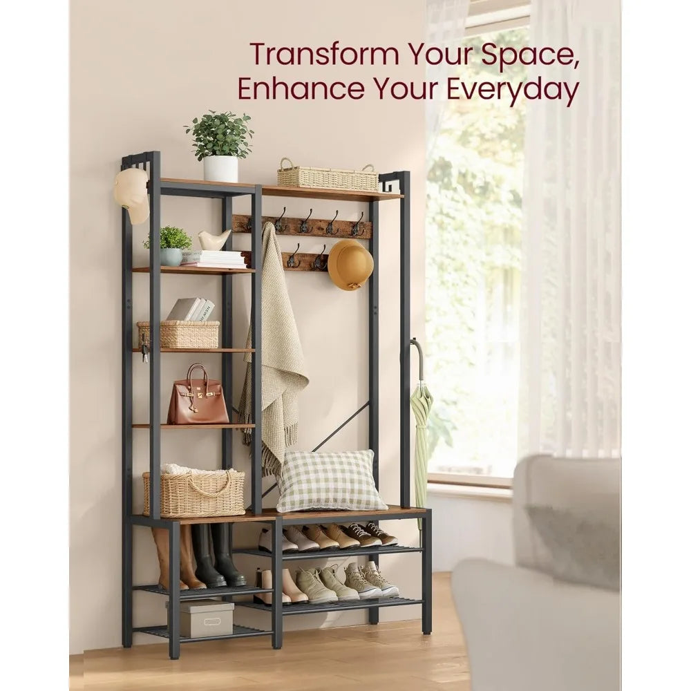 Hall Tree with Bench and Shoe Storage, Entryway Coat Rack with Shoe Bench, 5 Storage Shelves, 9 Coat Hooks, 6 Side Hooks, 15.7