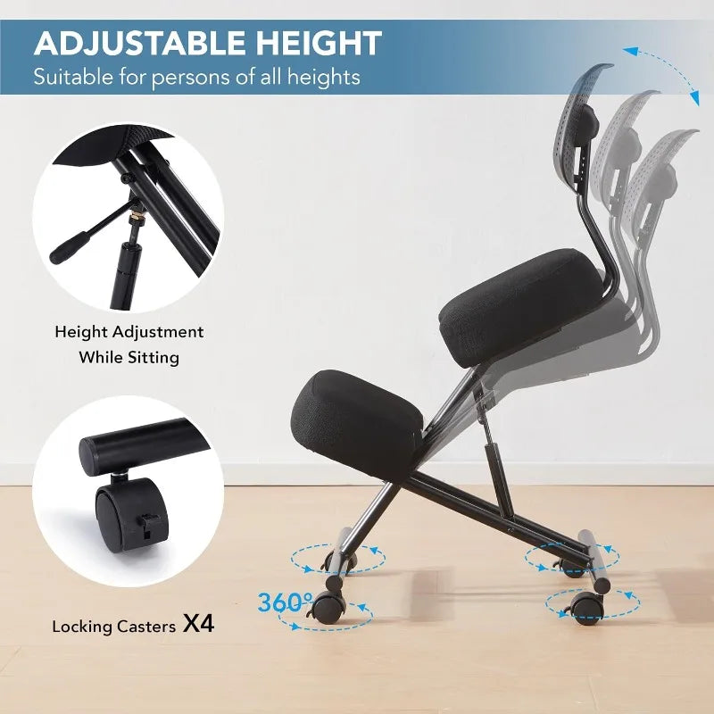 Ergonomic Kneeling Chair with Back Support, Ergonomic Kneeling Tool with Brake and Smooth Gliding Casters, Adjustable Stool