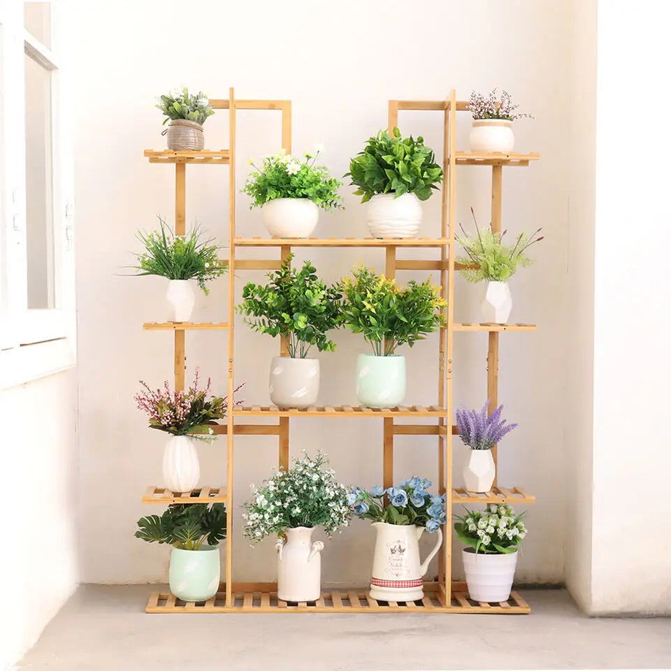 Hign-concerned 9-Tier Bamboo Plant Stand Corner Shelf Display Outdoor