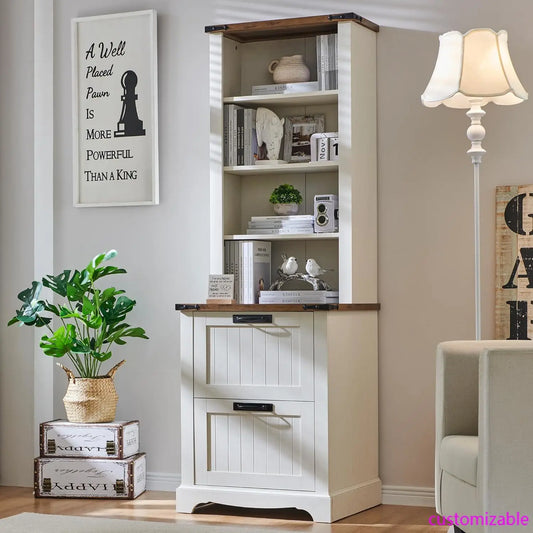 XMSJ Farmhouse Bookcase With 2 File Drawers And Shelves