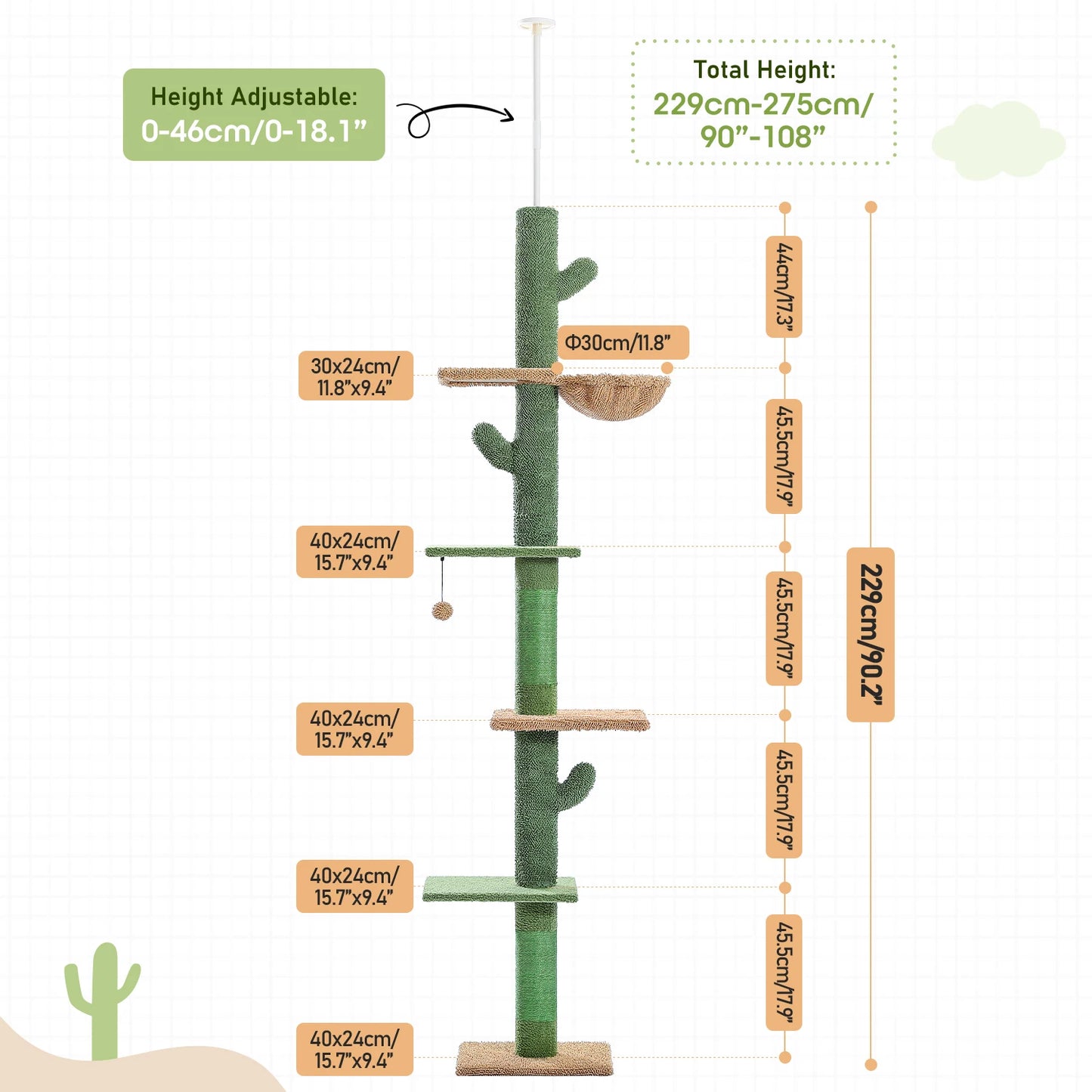 PAWZ Road Cat Tree 5Tier Floor to Ceiling Cactus Tower