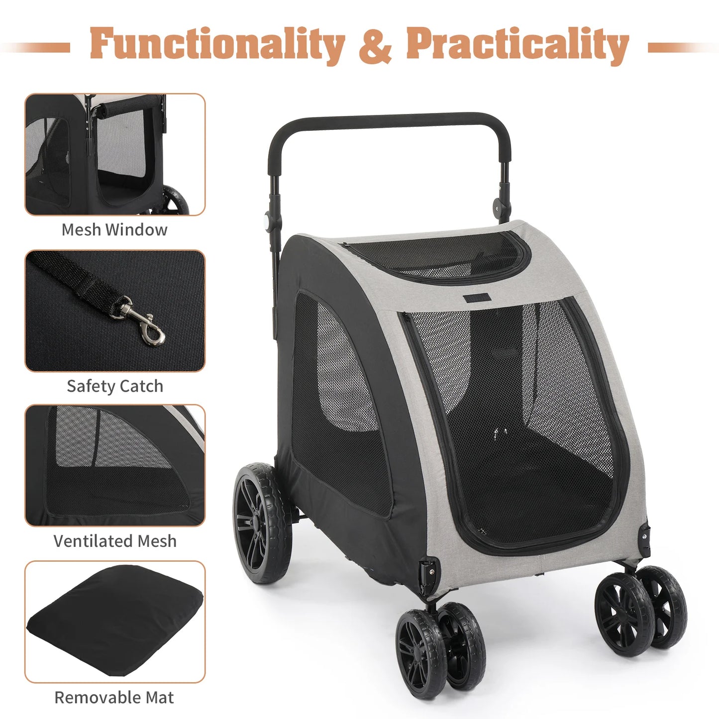 Dog Stroller Adjustable Handle Jogger Foldable Wagon 4Wheels