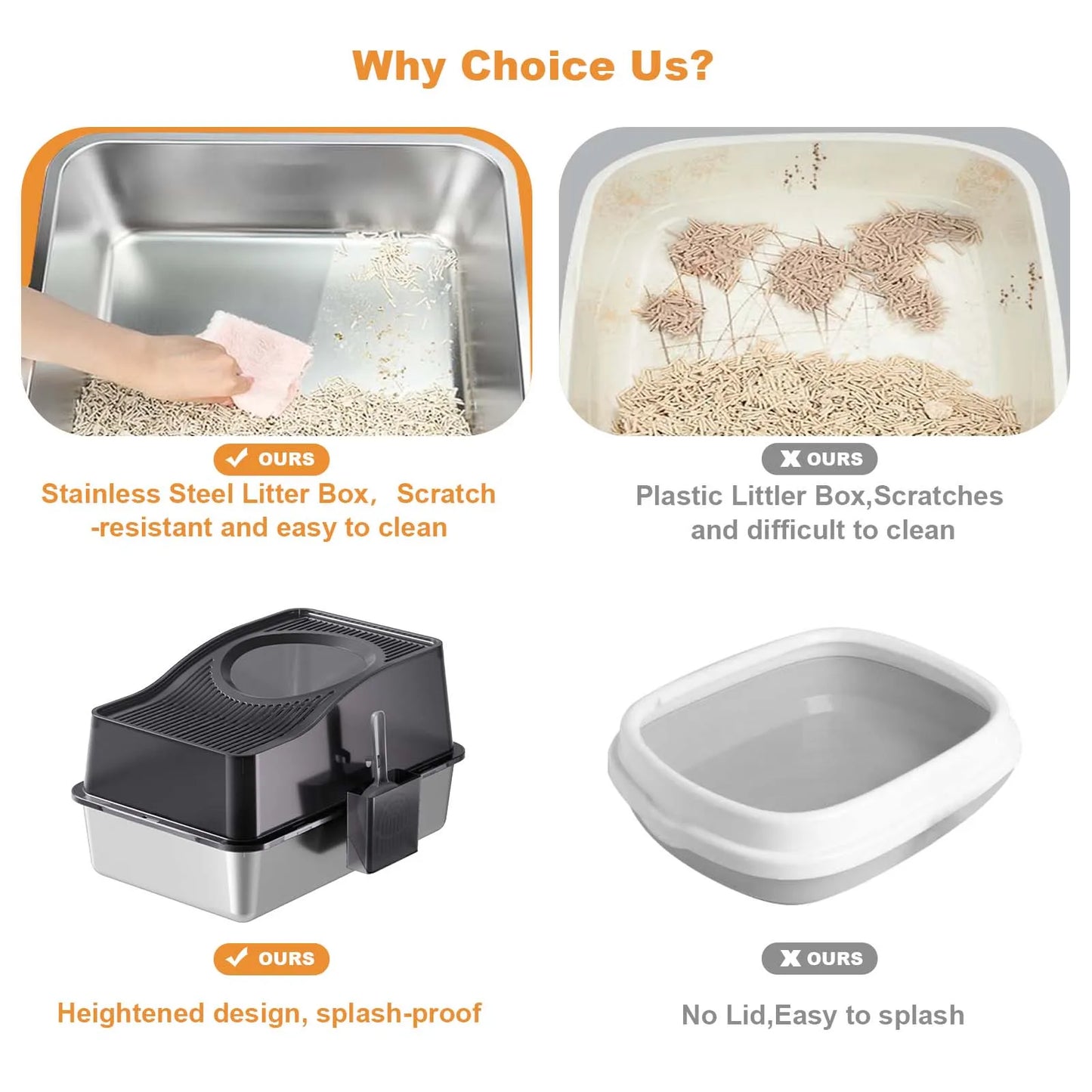 Stainless Steel Enclosed Cat Litter Box With Scoop