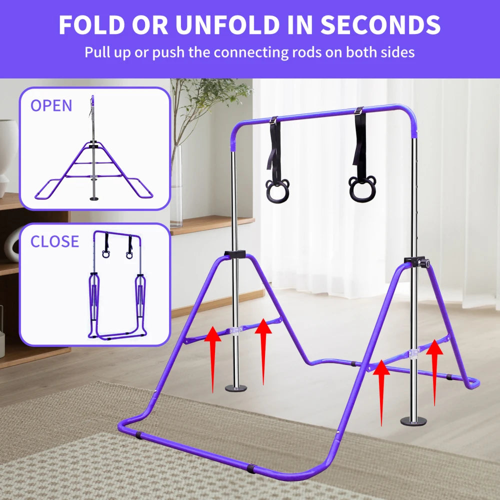Purple Adjustable Height Children's Gymnastic Bar with Bear Rings