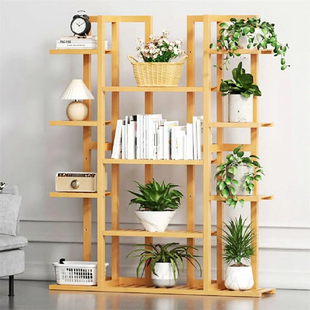 Hign-concerned 9-Tier Bamboo Plant Stand Corner Shelf Display Outdoor