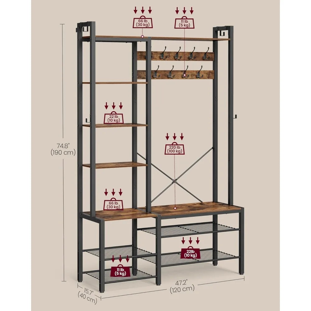 Hall Tree with Bench and Shoe Storage, Entryway Coat Rack with Shoe Bench, 5 Storage Shelves, 9 Coat Hooks, 6 Side Hooks, 15.7