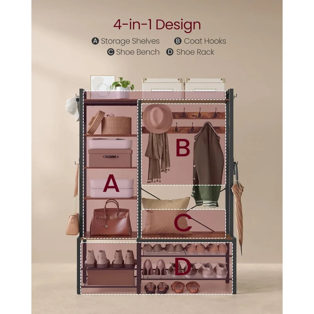 Hall Tree with Bench and Shoe Storage, Entryway Coat Rack with Shoe Bench, 5 Storage Shelves, 9 Coat Hooks, 6 Side Hooks, 15.7