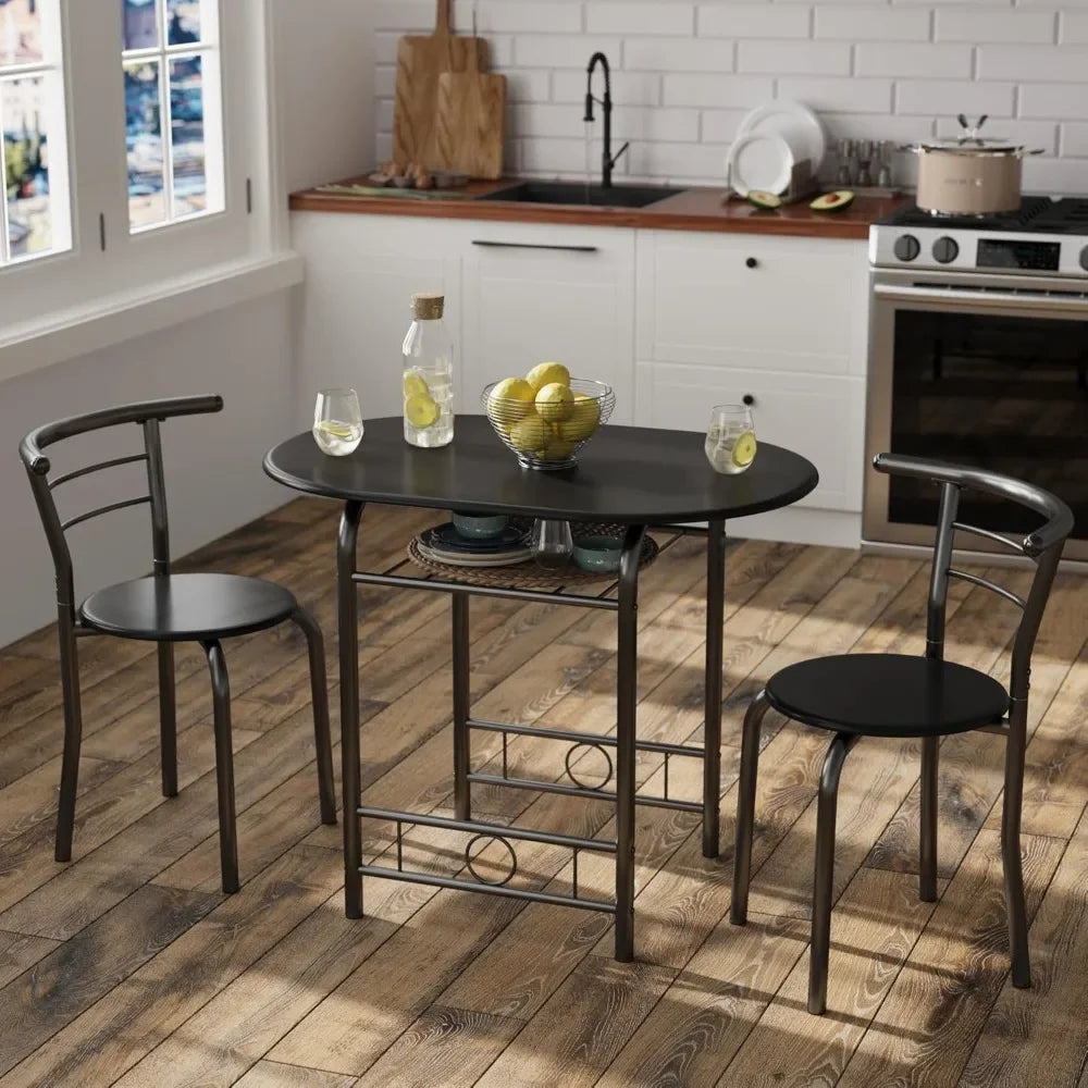 Customizable-3-Piece Wooden Round Table & Chair Set, Space Saving Kitchen Breakfast Nook Wood Grain Tabletop With Metal Frame An