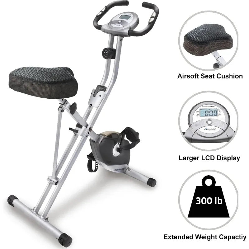 Foldable Exercise Bike, 8 levels of Resistance Stationary Bicycle with Airsoft Seat, LCD Display to Track Distance, Calories