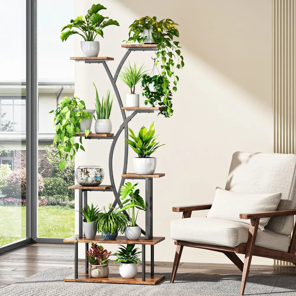 Solid-Wooden Houseplant DisplayStand EquippedWith GrowLights EightTier CornerShelving Premium Durable Wood