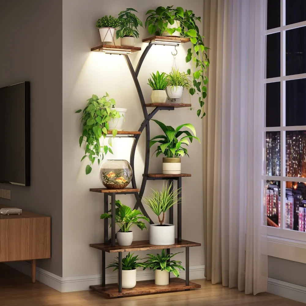 Solid-Wooden Houseplant DisplayStand EquippedWith GrowLights EightTier CornerShelving Premium Durable Wood