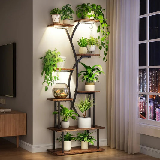 Solid-Wooden Houseplant DisplayStand EquippedWith GrowLights EightTier CornerShelving Premium Durable Wood