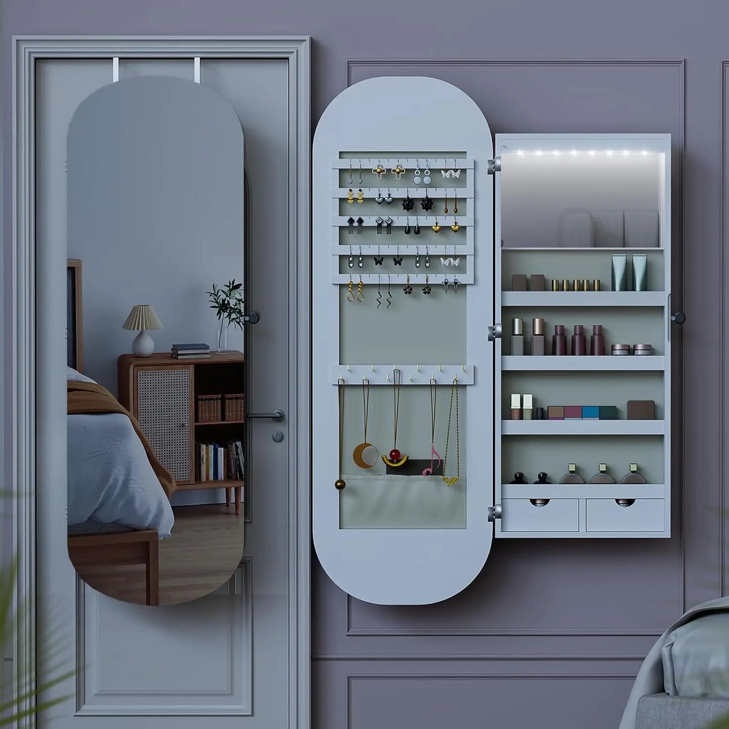 Angduo Lockable Wall Mount Jewelry Cabinet With LED Mirror