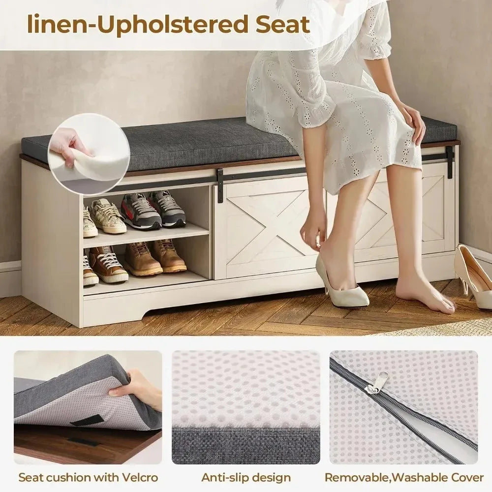 ANGDUO Farmhouse Storage Bench With Cushion And Shoe Rack