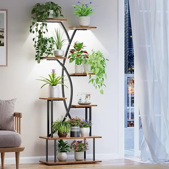 Solid-Wooden Houseplant DisplayStand EquippedWith GrowLights EightTier CornerShelving Premium Durable Wood